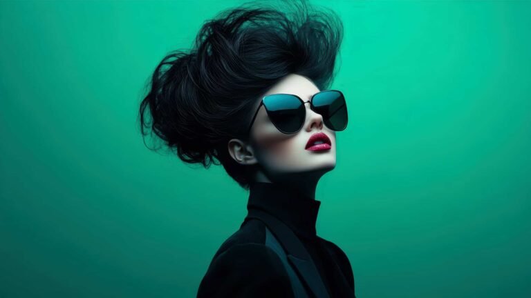 Stylish Woman Showcases a Bold Pompadour Hairstyle With Oversized Sunglasses in a Vibrant Setting